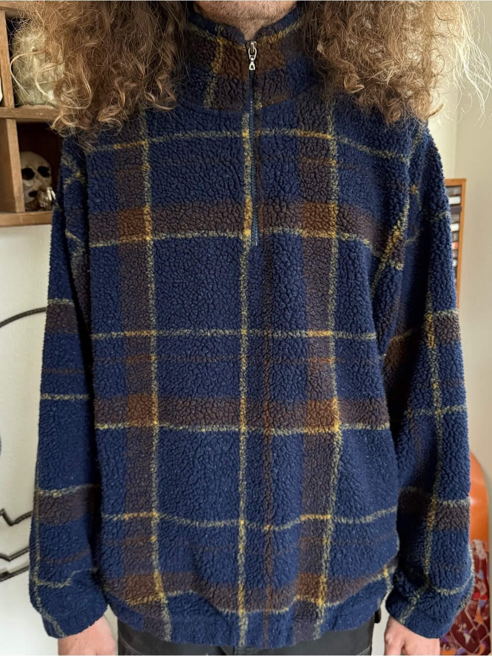 Vintage 80s 90s 1/4 Zip Plaid Sherpa Fleece Pullover  ~ Size Large